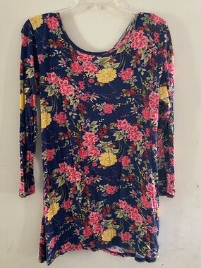 Navy Floral Scoop Neck Tunic - Pink & Yellow Flowers